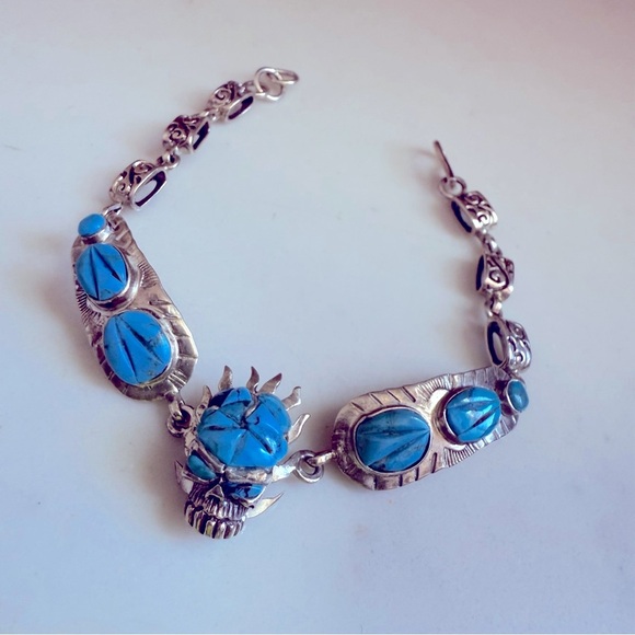 NWOT Unisex Handmade Sterling Silver and Genuine Turquoise Skull Bracelet - Picture 1 of 8